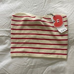 Red and White Stripe Strapless Knitted Crop Top